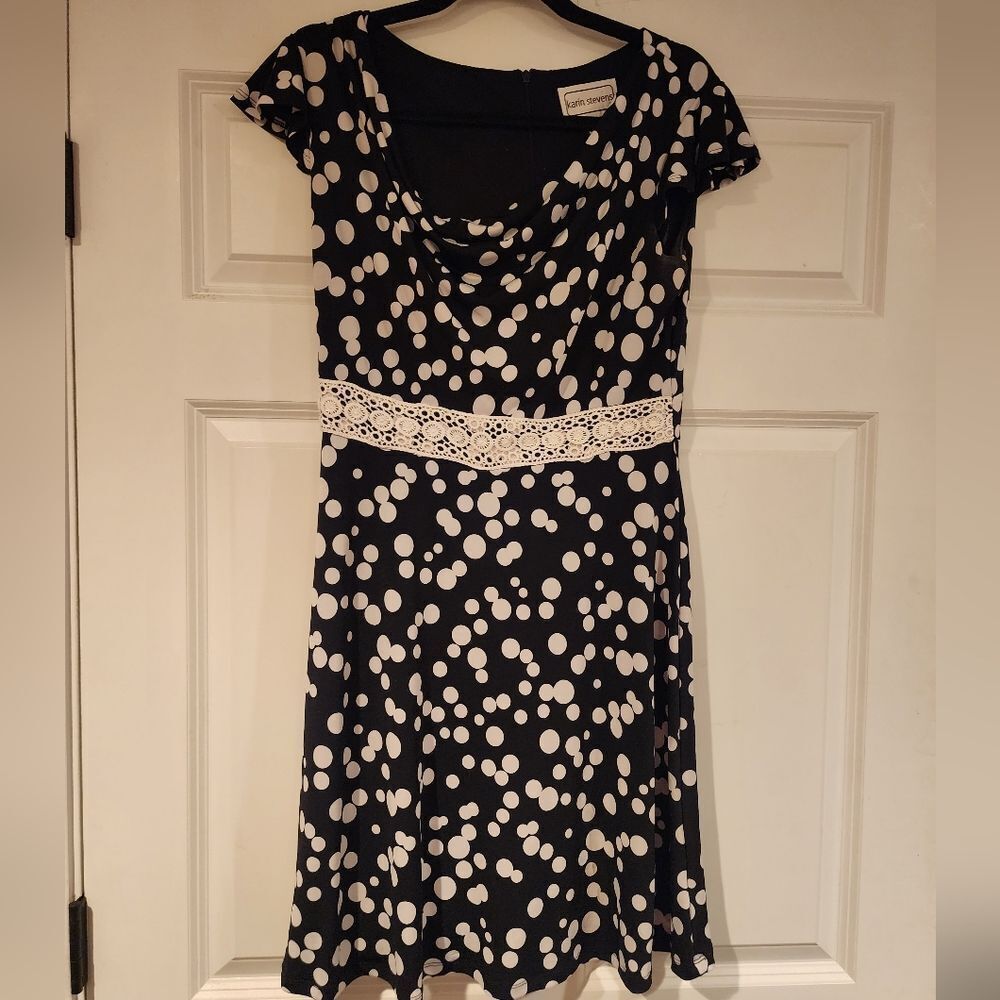 Vintage Karin Stevens black and white polka dot A Line Dress Size 8 Y2K